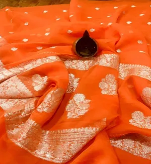 Saffron Orange Banarasi Khaddi Georgette Jaal Saree