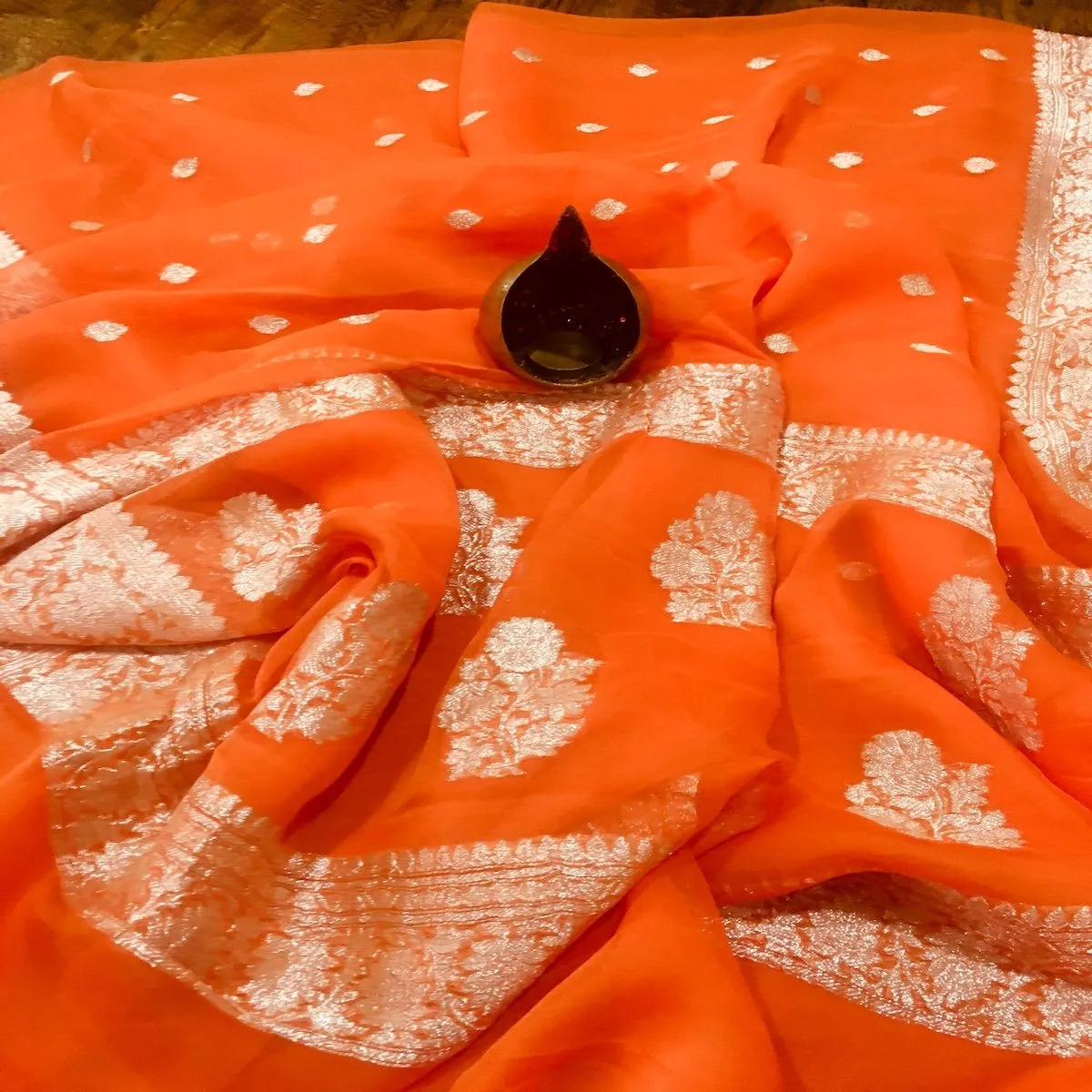 Saffron Orange Banarasi Khaddi Georgette Jaal Saree