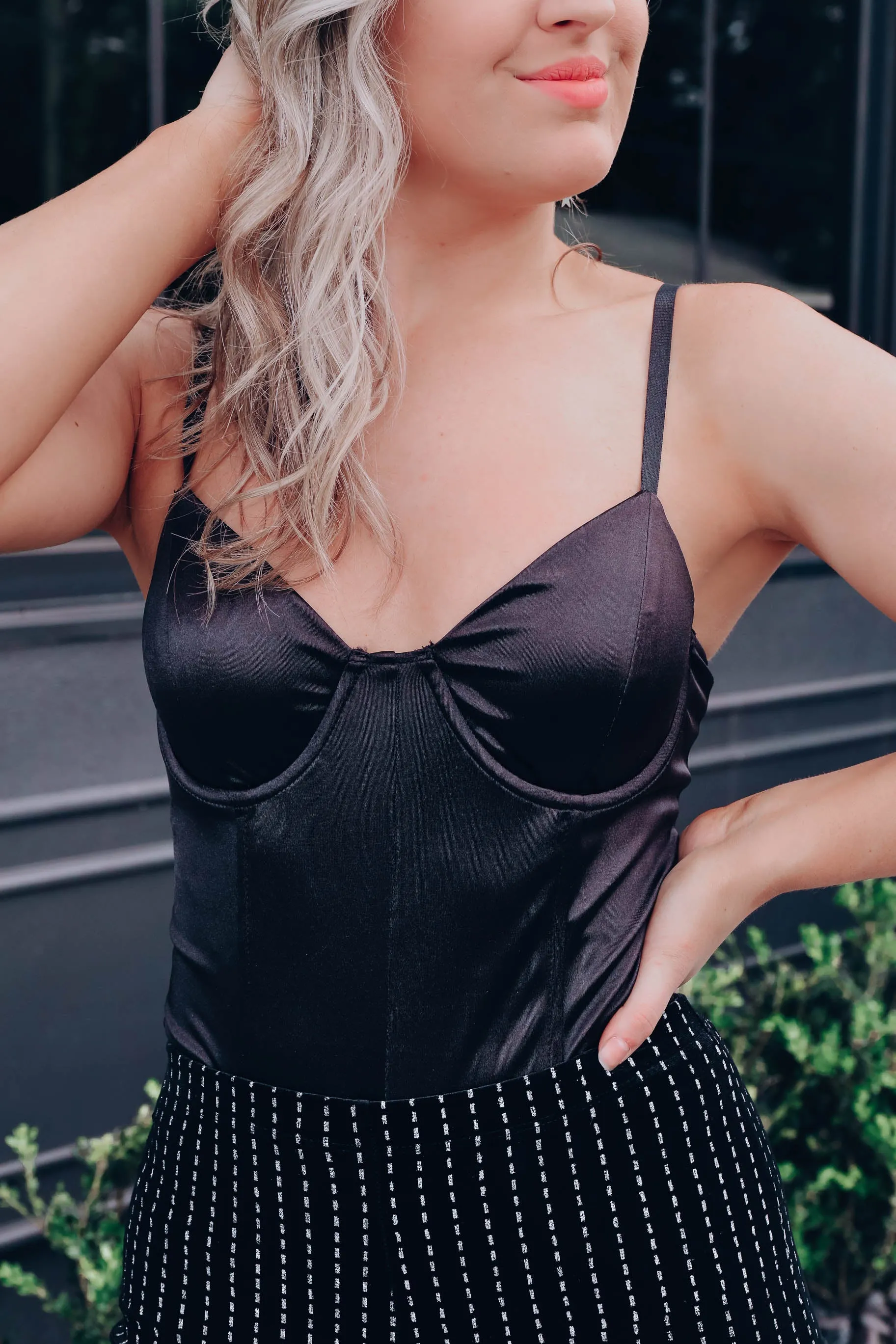Satin Strappy Bustier Bodysuit - Black