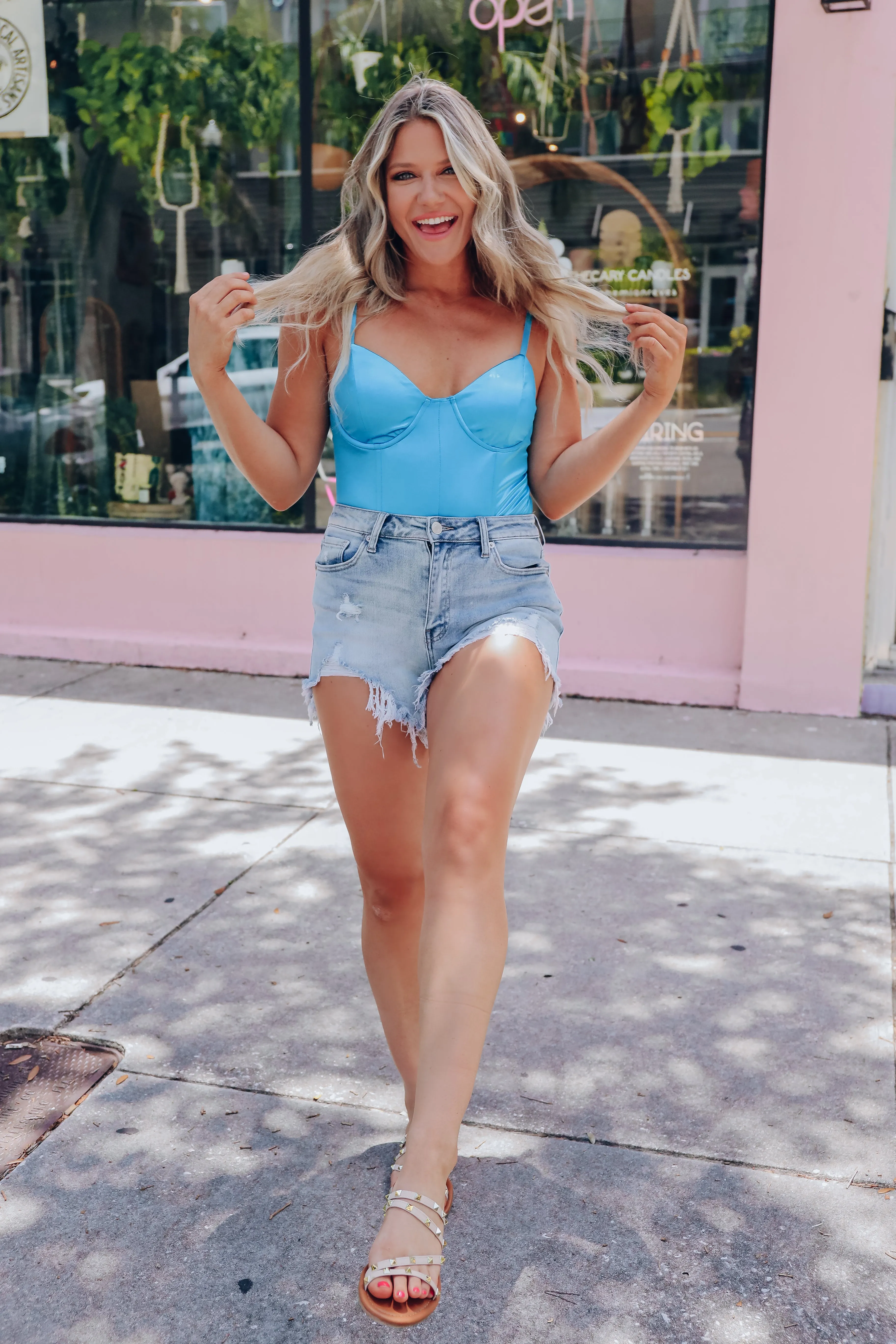 Satin Strappy Bustier Bodysuit - Blue