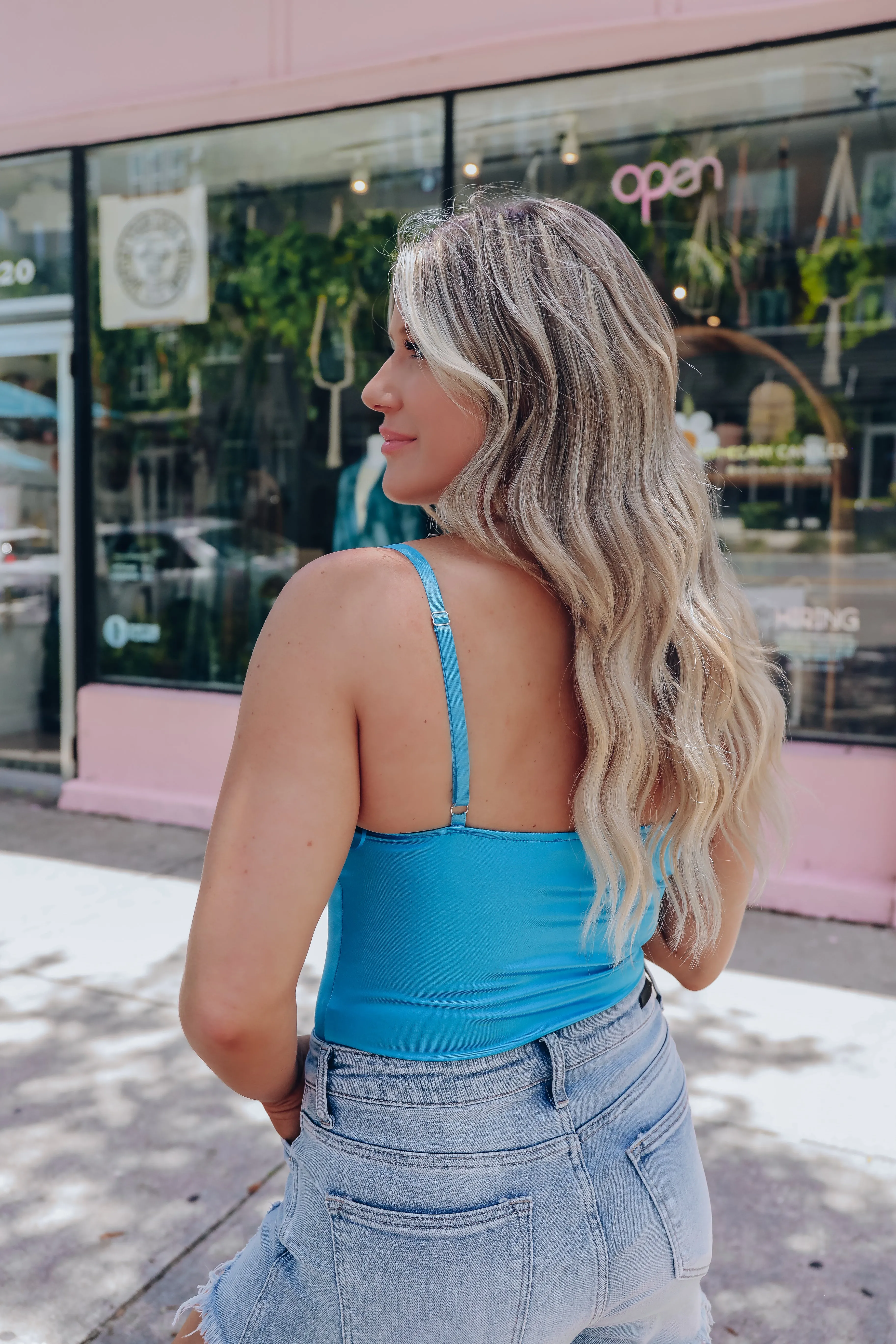 Satin Strappy Bustier Bodysuit - Blue