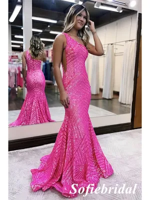 Sexy Hot Pink Sequin One Shoulder Mermaid Long Prom Dresses, PD0982