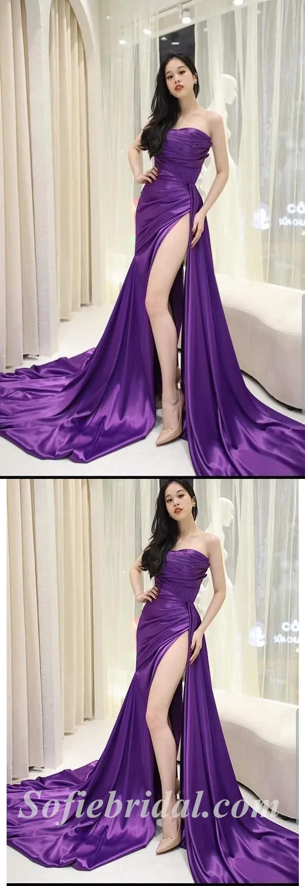 Sexy Purple Satin Sweetheart Sleeveless Side Slit Mermaid Long Prom Dresses ,SFPD0500