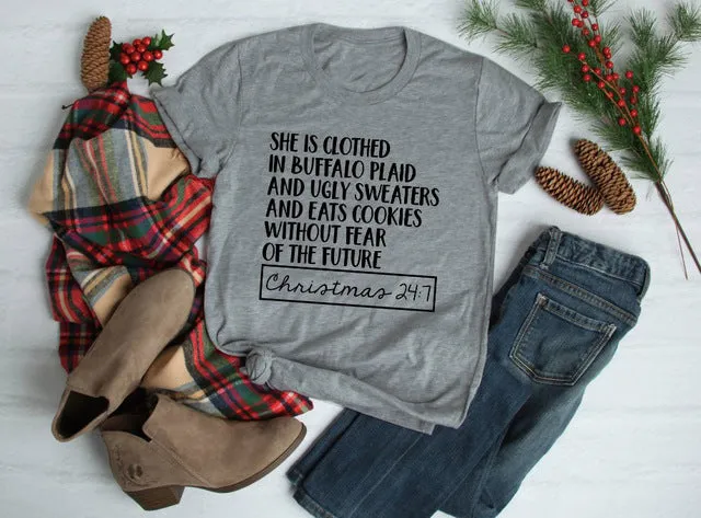 She Is Clothed in Buffalo Plaid Holiday Tee