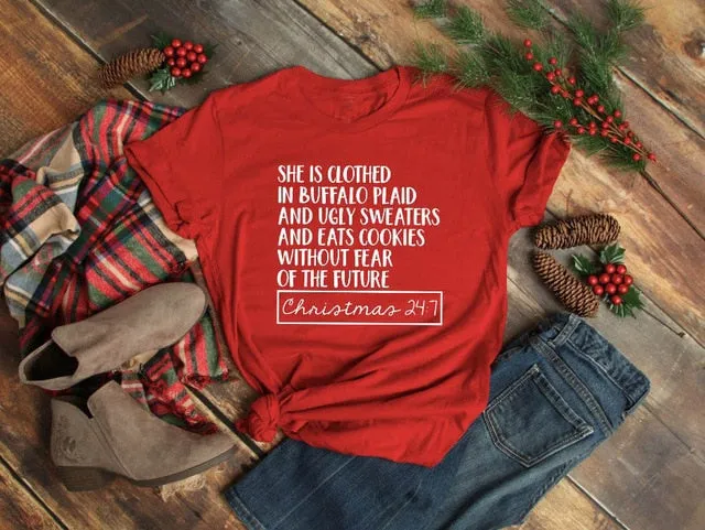 She Is Clothed in Buffalo Plaid Holiday Tee