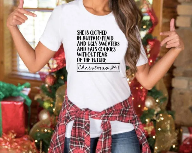 She Is Clothed in Buffalo Plaid Holiday Tee