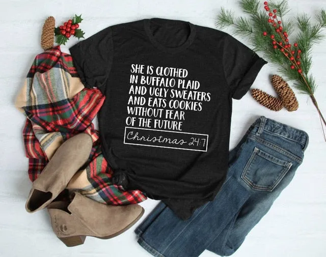She Is Clothed in Buffalo Plaid Holiday Tee