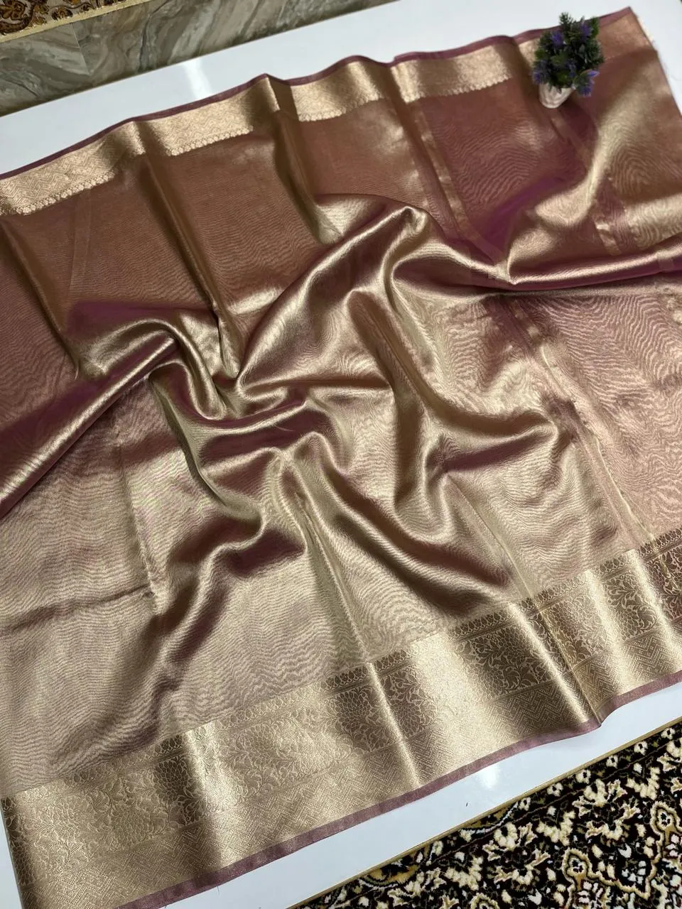 Shimmer Brown Banarasi Soft Tissue Saree