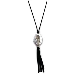 Silver Angel Wing Plated Suede Tassel Long Necklace: