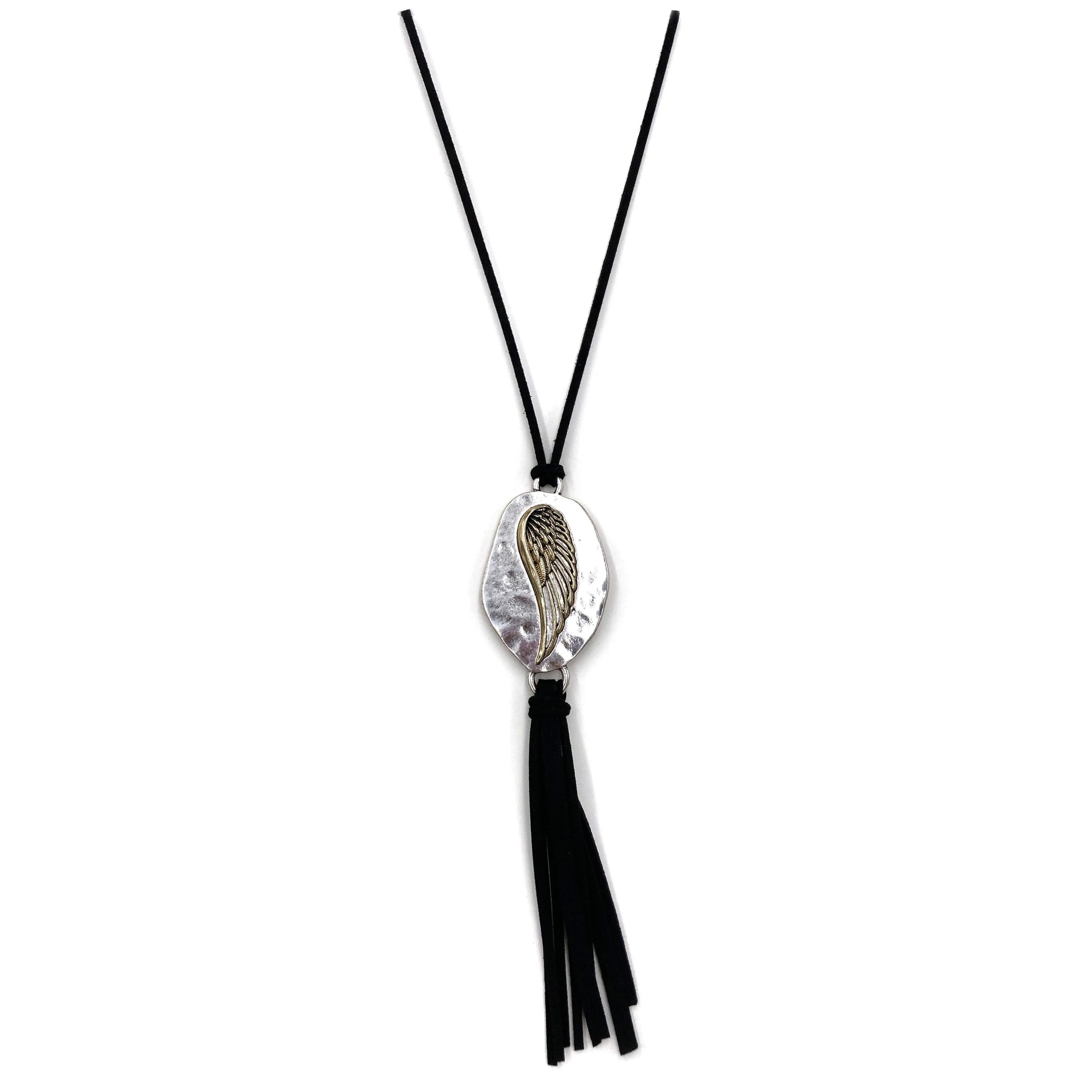 Silver Angel Wing Plated Suede Tassel Long Necklace: