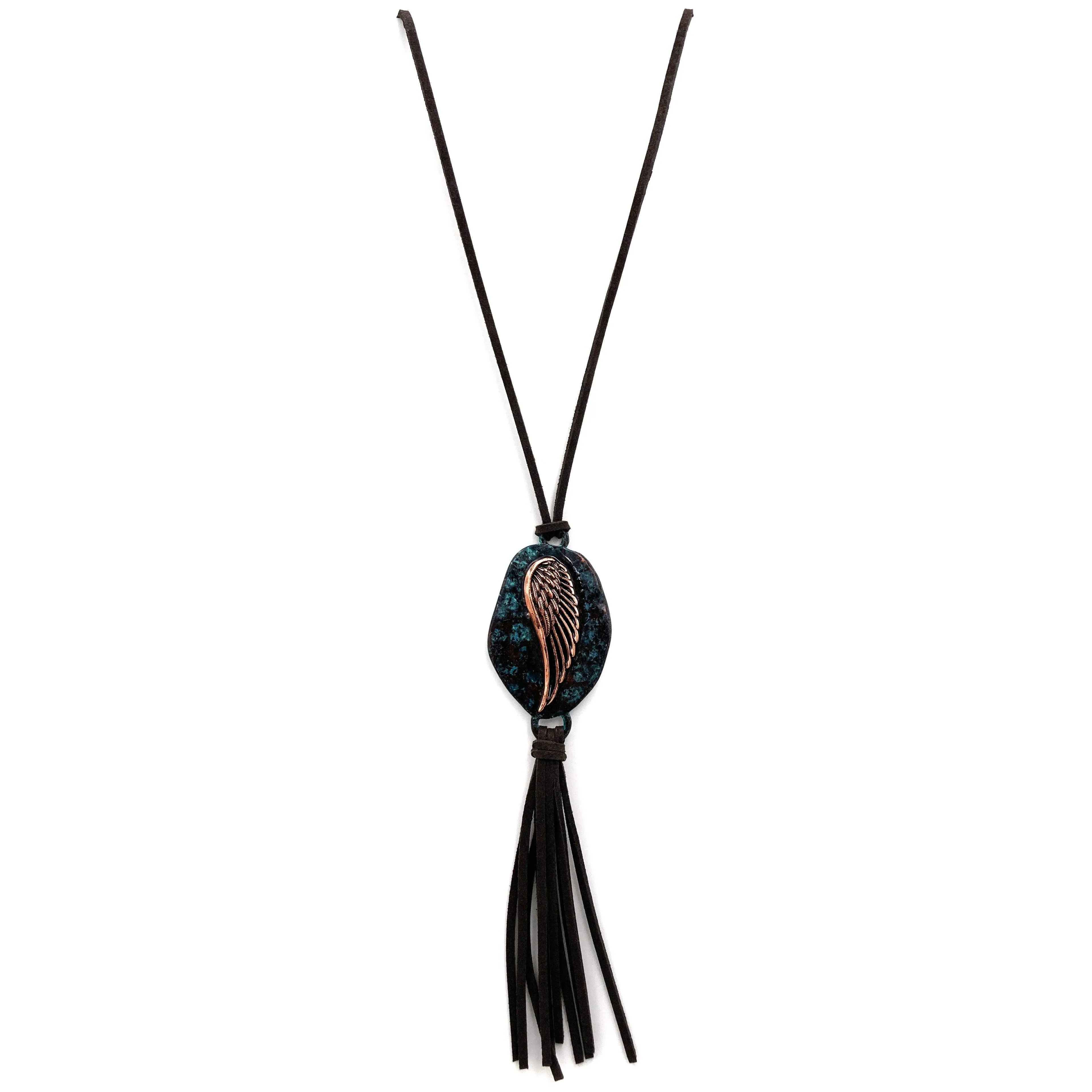 Silver Angel Wing Plated Suede Tassel Long Necklace:
