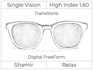 Single Vision - High Index 1.60 - Shamir Relax - Digital - Transitions Signature - Aspheric