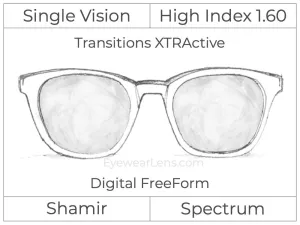 Single Vision - High Index 1.60 - Shamir Spectrum - Digital - Transitions XTRActive - Aspheric
