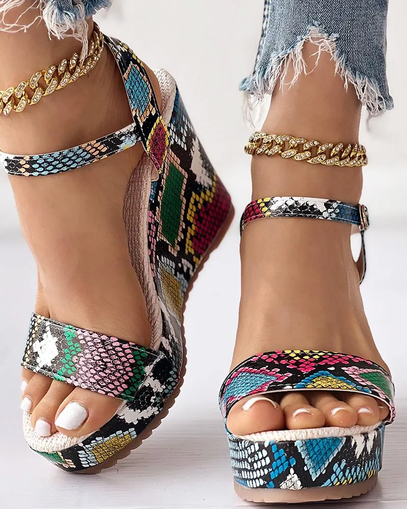 Snakeskin Ankle Strap Wedge Sandals