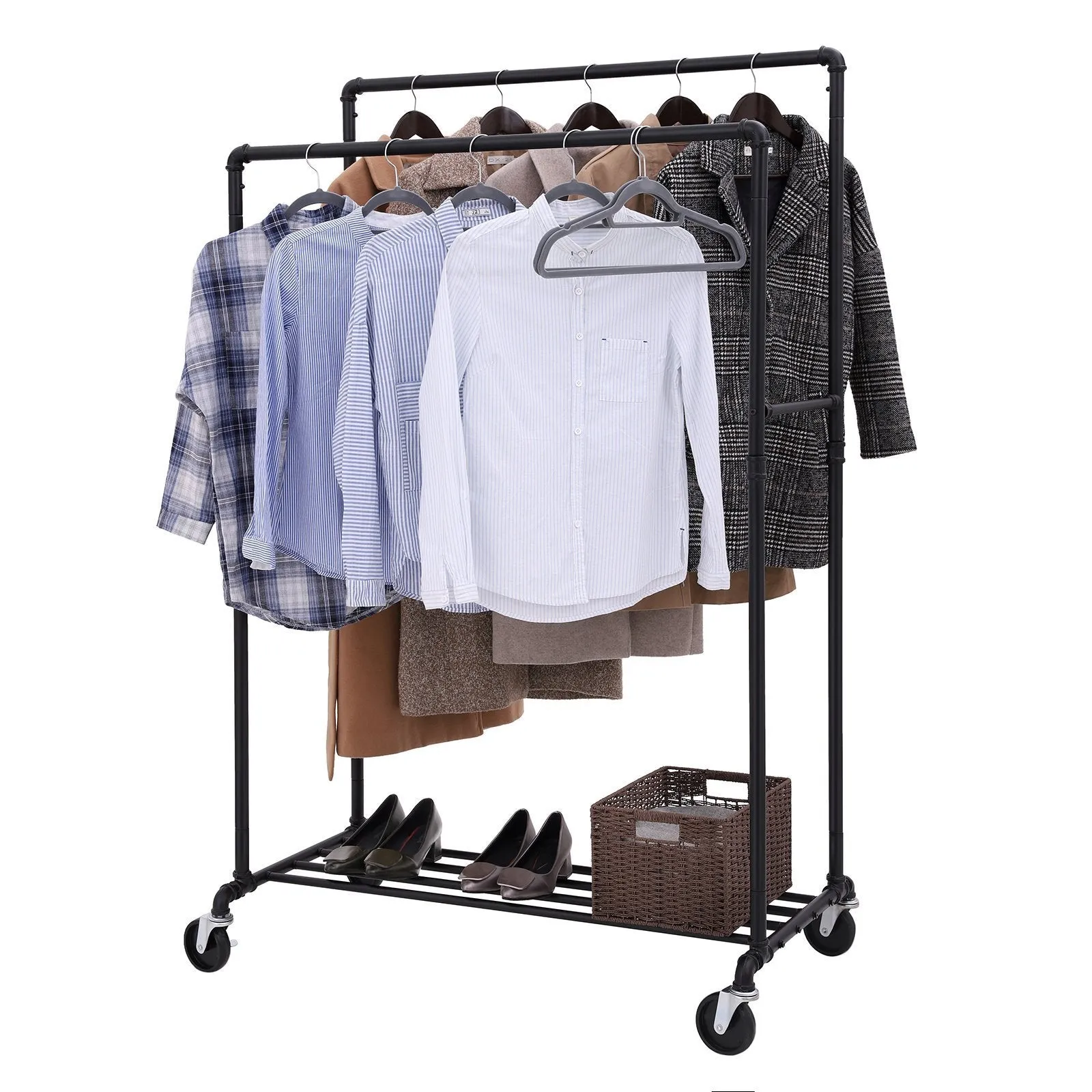 SONGMICS Industrial Pipe Double Rail Wheels with Commercial Grade Clothing Hanging Rack Organizer for Garment Storage Display Black UHSR60B