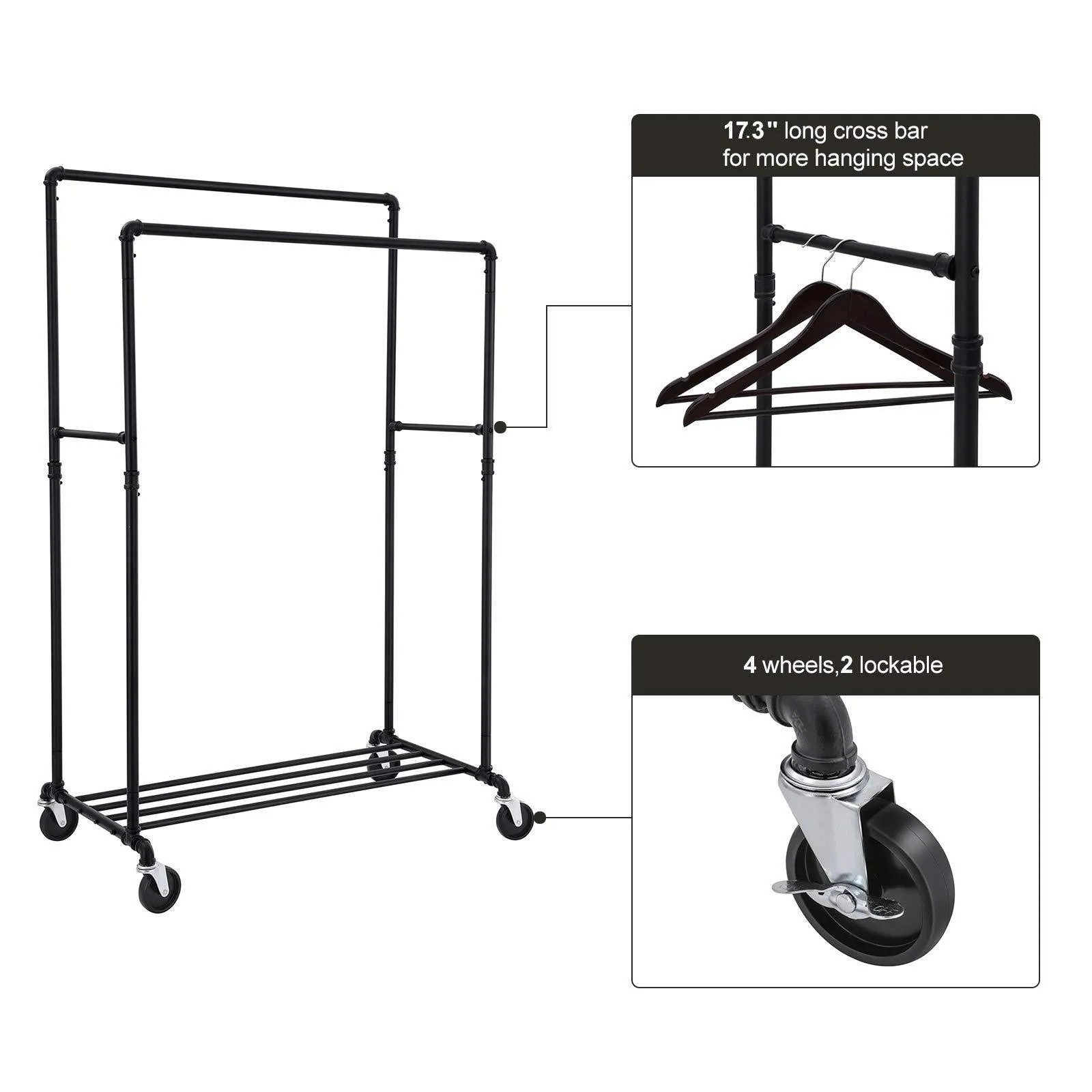 SONGMICS Industrial Pipe Double Rail Wheels with Commercial Grade Clothing Hanging Rack Organizer for Garment Storage Display Black UHSR60B
