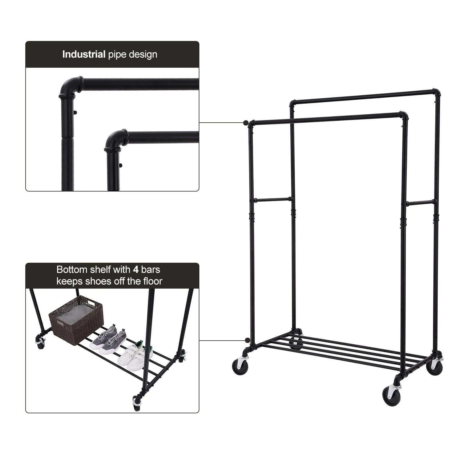 SONGMICS Industrial Pipe Double Rail Wheels with Commercial Grade Clothing Hanging Rack Organizer for Garment Storage Display Black UHSR60B