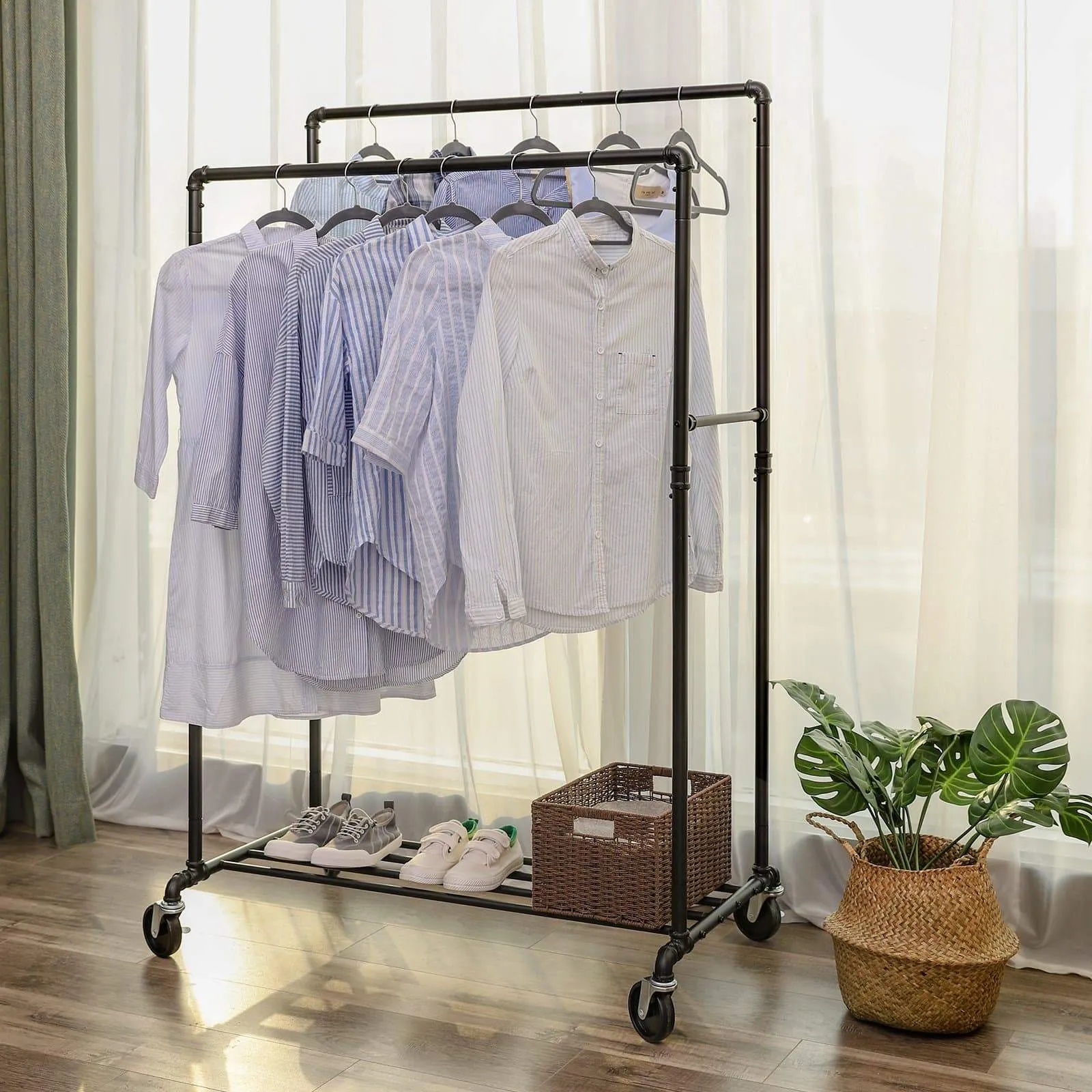 SONGMICS Industrial Pipe Double Rail Wheels with Commercial Grade Clothing Hanging Rack Organizer for Garment Storage Display Black UHSR60B