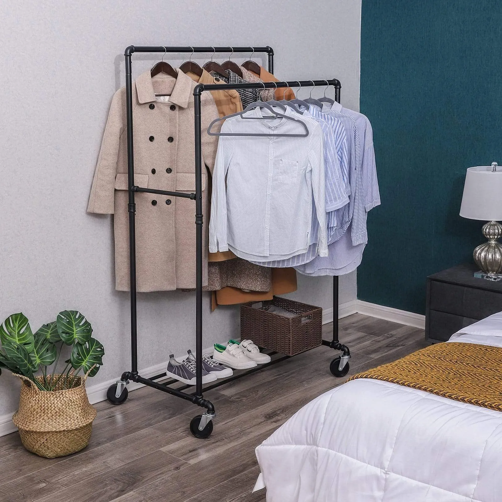 SONGMICS Industrial Pipe Double Rail Wheels with Commercial Grade Clothing Hanging Rack Organizer for Garment Storage Display Black UHSR60B