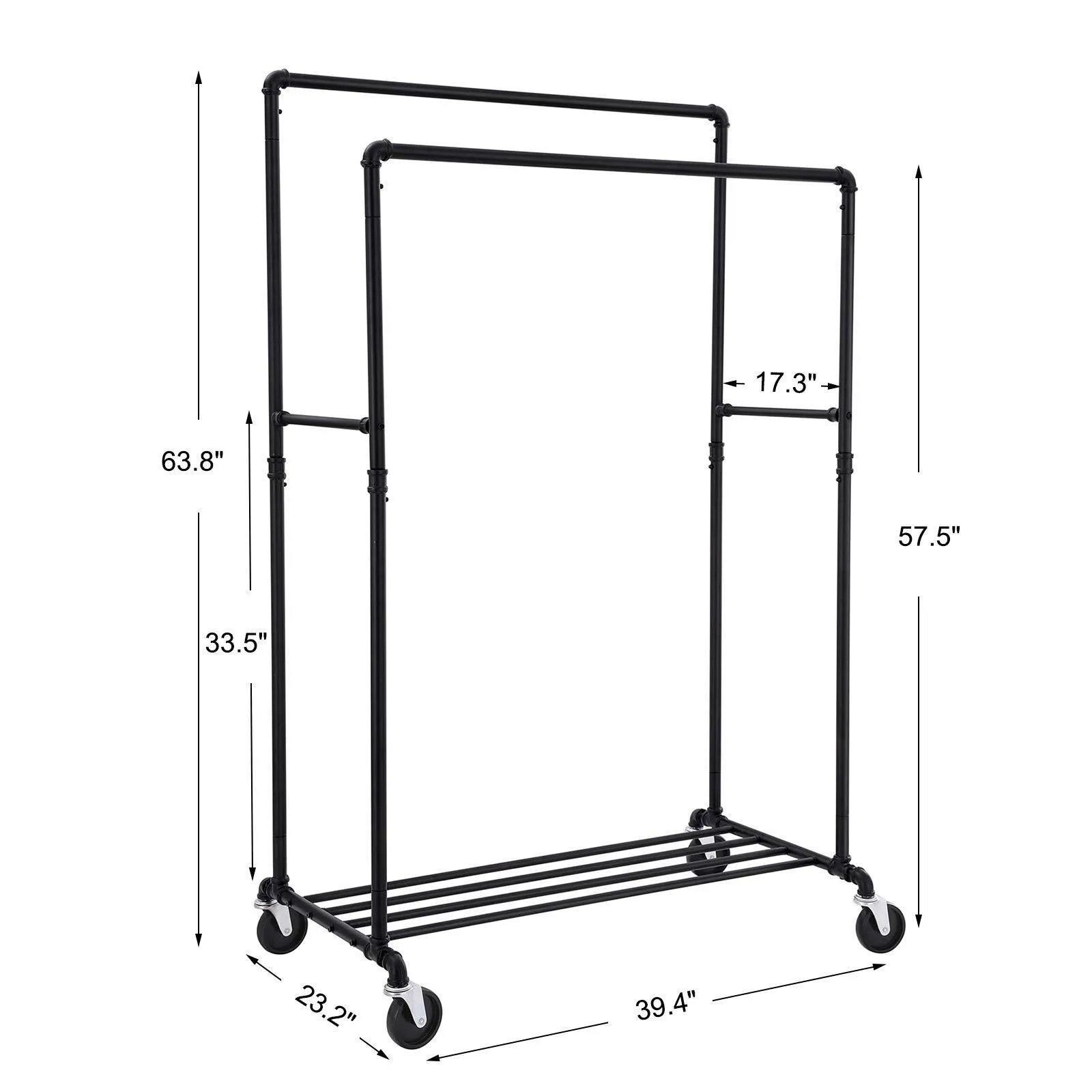 SONGMICS Industrial Pipe Double Rail Wheels with Commercial Grade Clothing Hanging Rack Organizer for Garment Storage Display Black UHSR60B
