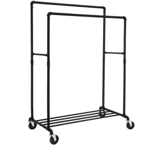 SONGMICS Industrial Pipe Double Rail Wheels with Commercial Grade Clothing Hanging Rack Organizer for Garment Storage Display Black UHSR60B