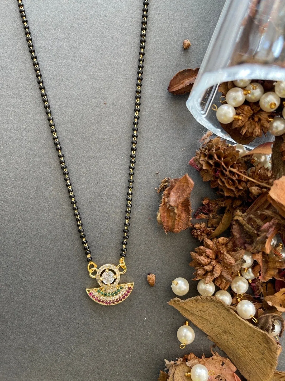 Stylish Short Mangalsutra Designs American Diamond Fancy Multi Color Pendant Black Beads Chain