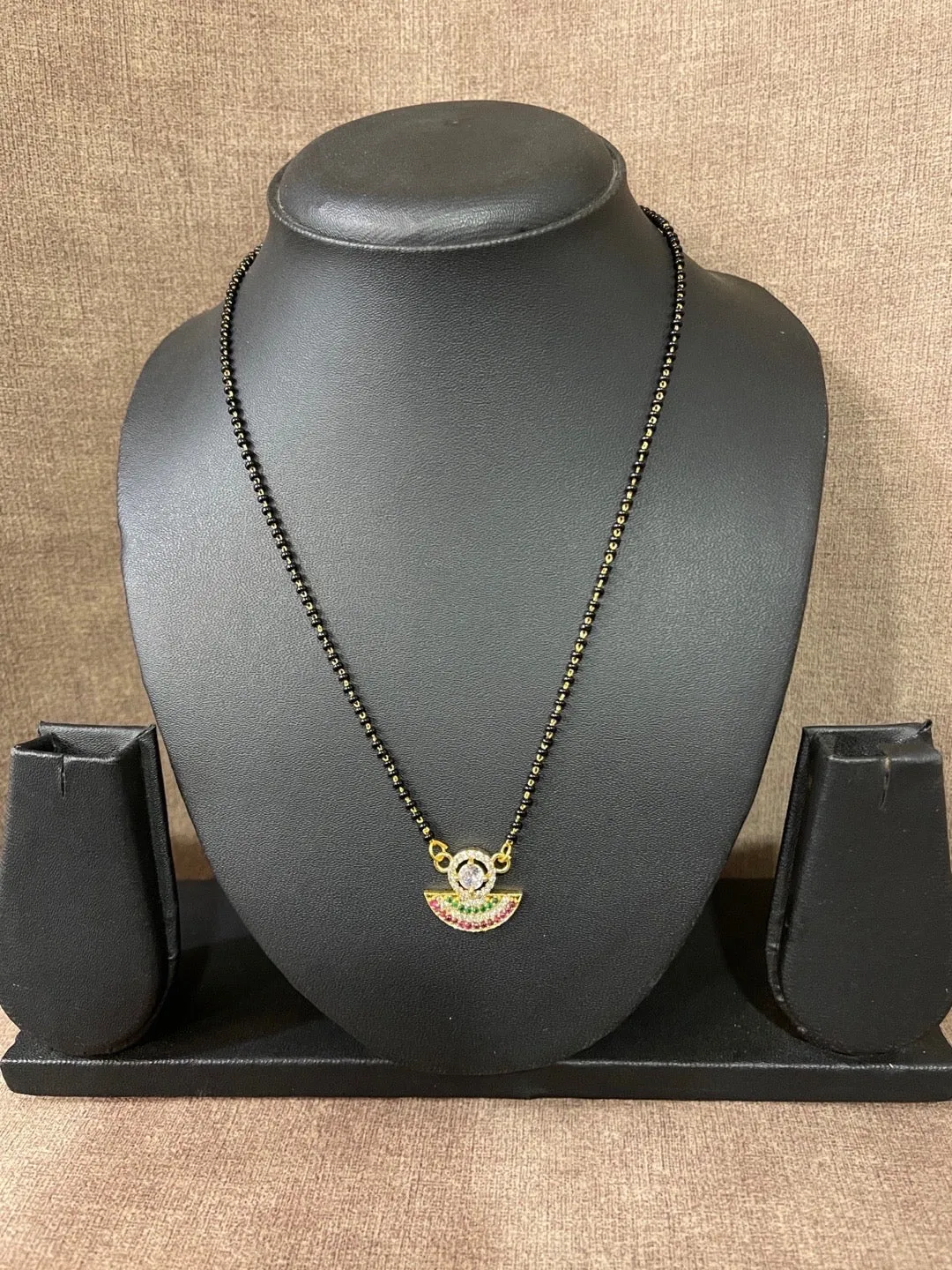 Stylish Short Mangalsutra Designs American Diamond Fancy Multi Color Pendant Black Beads Chain