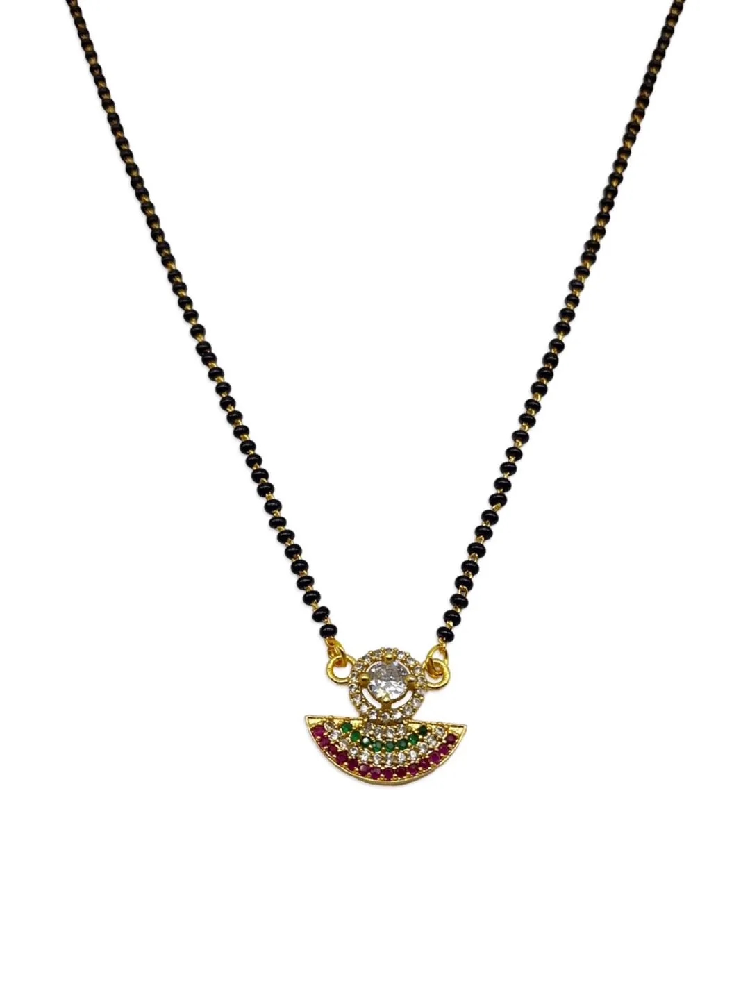 Stylish Short Mangalsutra Designs American Diamond Fancy Multi Color Pendant Black Beads Chain