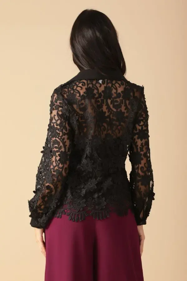 Textured Black Lace Button Up Shirt