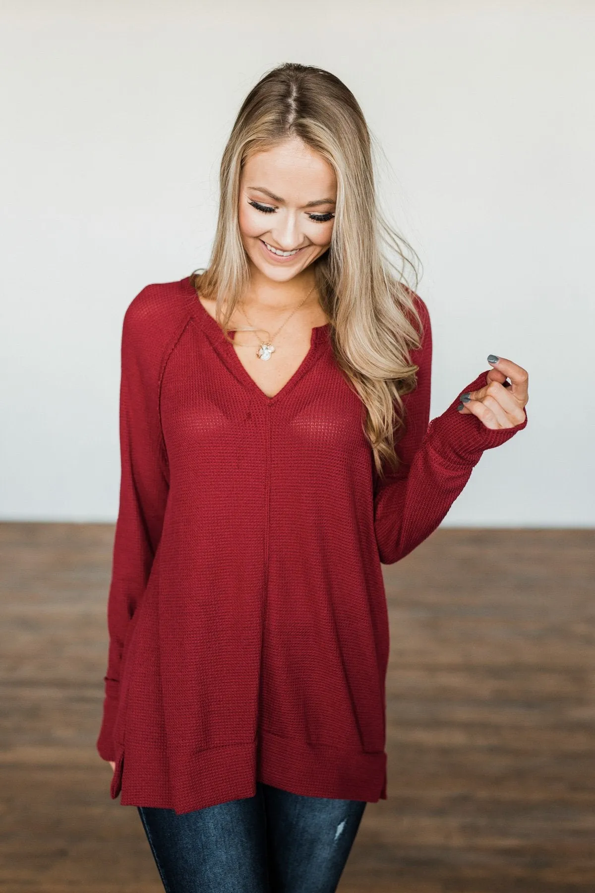 There You Go Again Thermal Notch Top- Cranberry Red