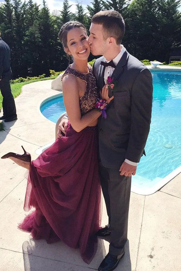 Two Piece Halter Burgundy Tulle Open Back Beaded Prom Dress TP0096