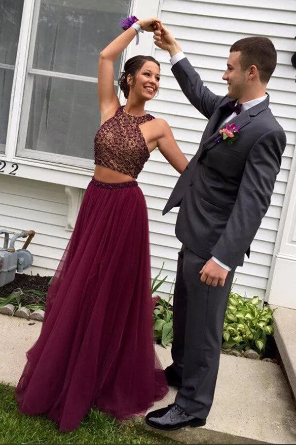 Two Piece Halter Burgundy Tulle Open Back Beaded Prom Dress TP0096