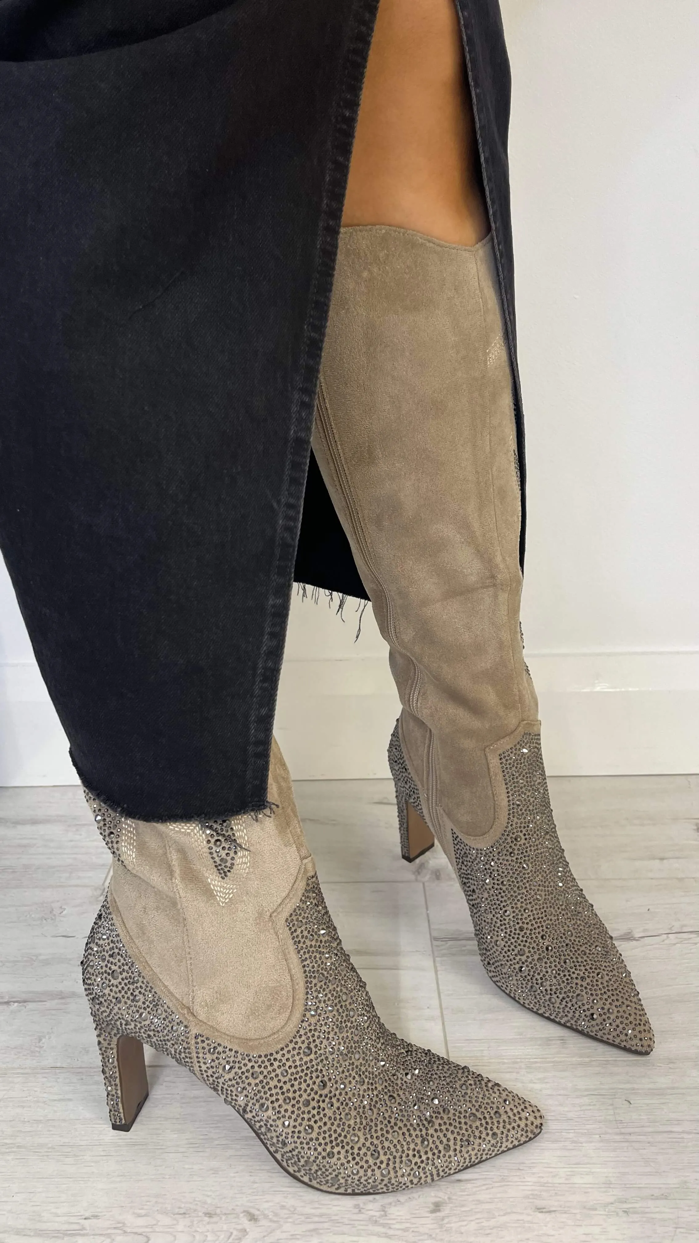 Una Healy Sparkly Long Length Taupe Western Boots
