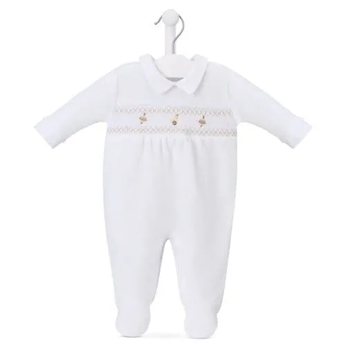 Unisex Baby White Velour Spinning Top Smocked  Sleepsuit