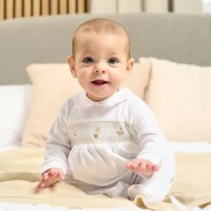 Unisex Baby White Velour Spinning Top Smocked  Sleepsuit