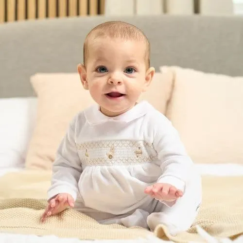 Unisex Baby White Velour Spinning Top Smocked  Sleepsuit