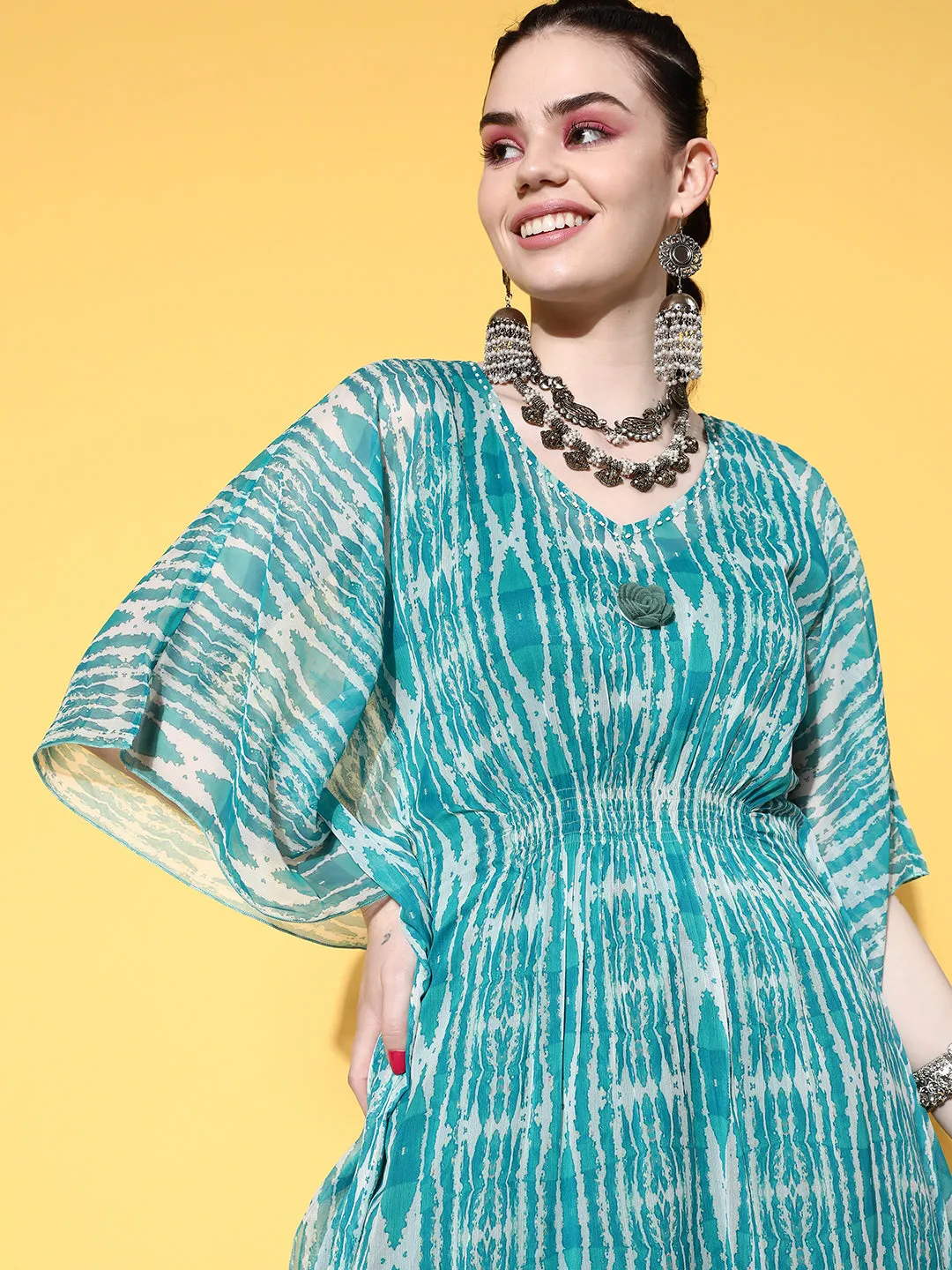 V-Neck Georgette Abstract Print Rama Green Fit & Flare Kaftan Set with Pants For Women - ZOLA