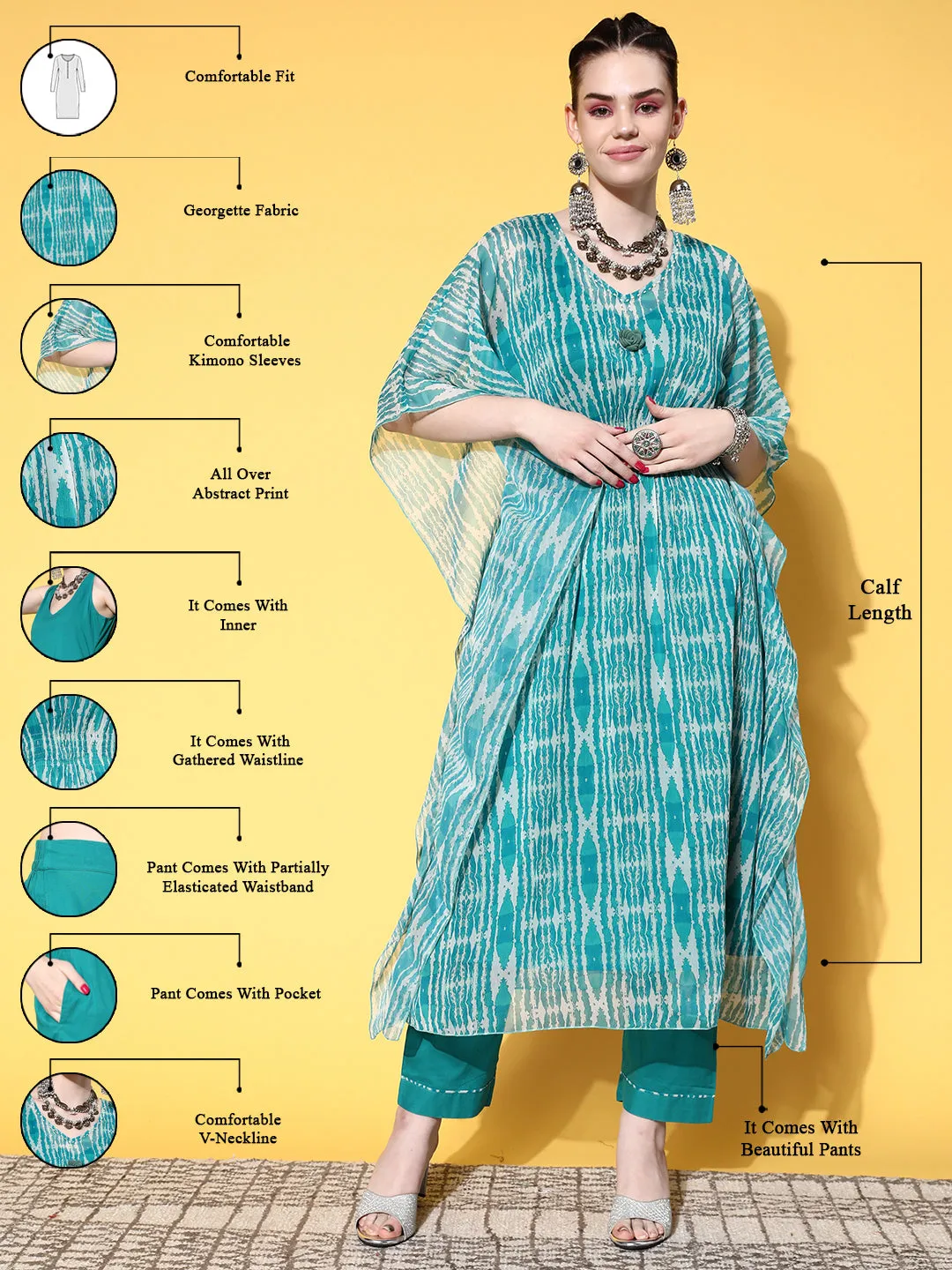 V-Neck Georgette Abstract Print Rama Green Fit & Flare Kaftan Set with Pants For Women - ZOLA