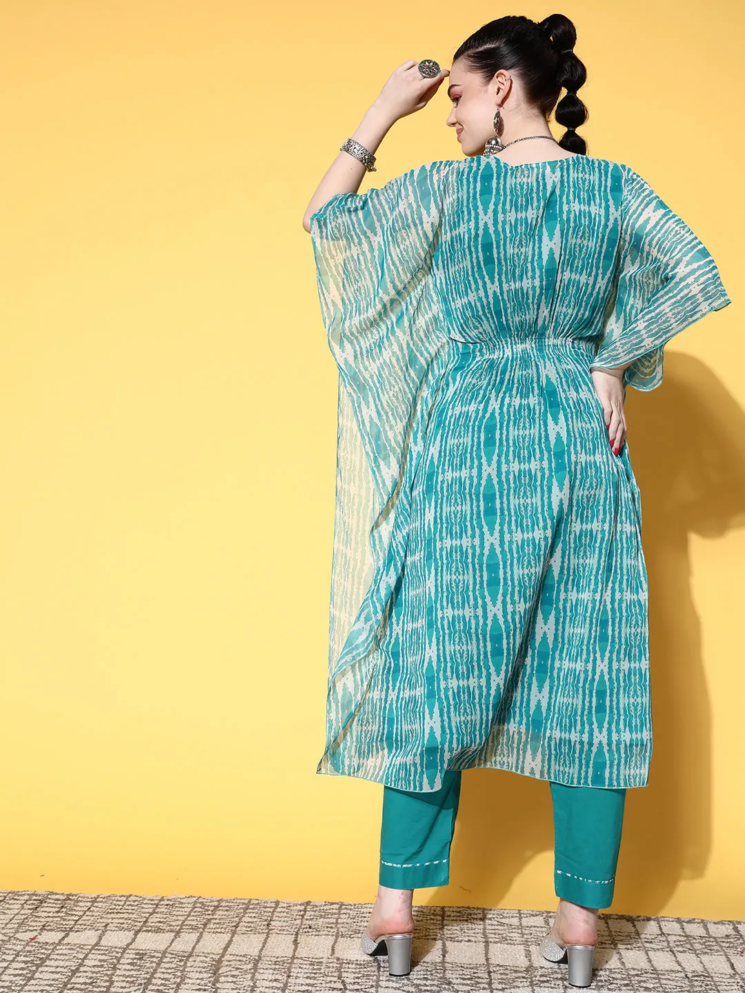 V-Neck Georgette Abstract Print Rama Green Fit & Flare Kaftan Set with Pants For Women - ZOLA