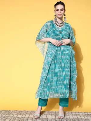 V-Neck Georgette Abstract Print Rama Green Fit & Flare Kaftan Set with Pants For Women - ZOLA