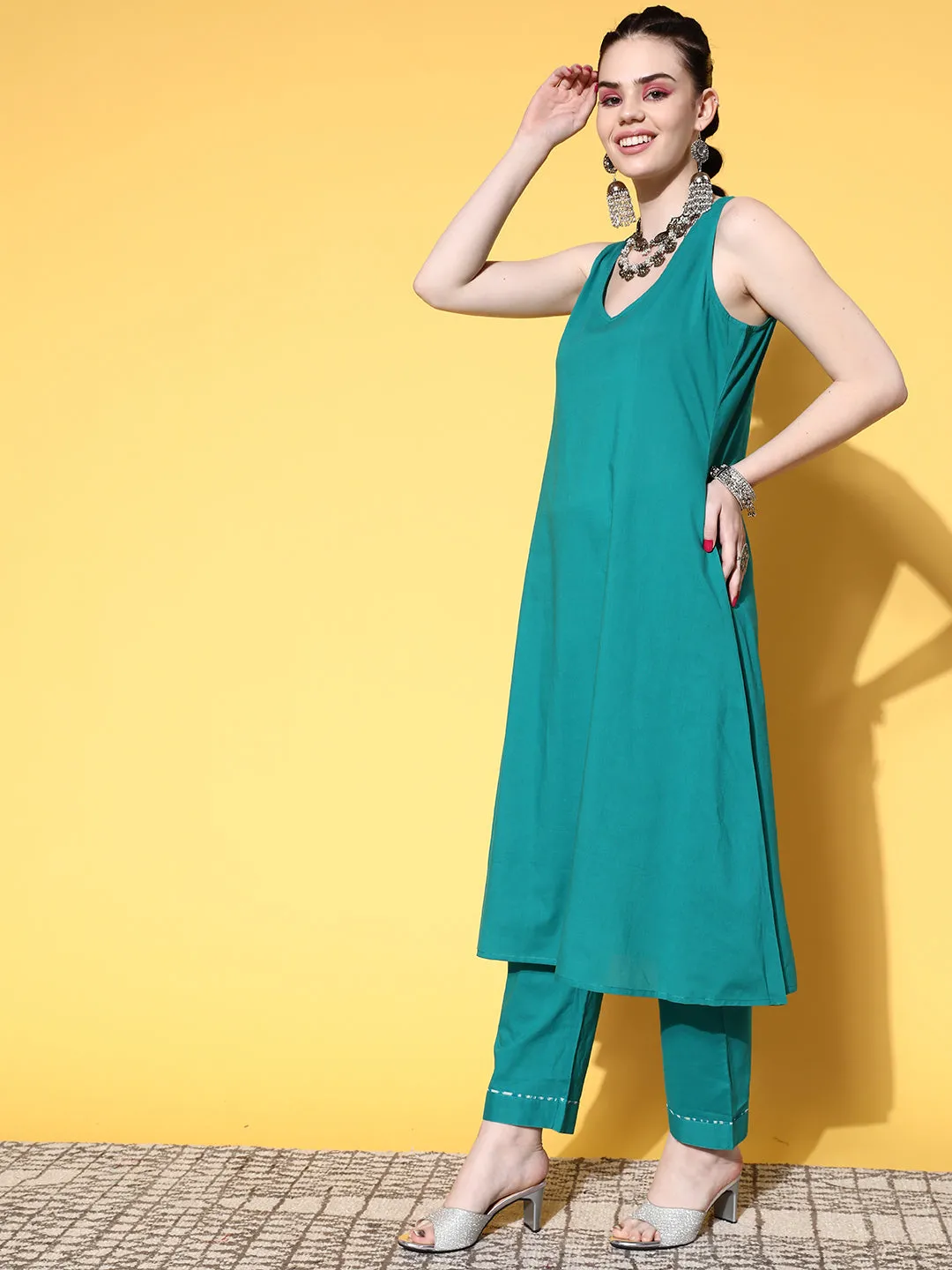 V-Neck Georgette Abstract Print Rama Green Fit & Flare Kaftan Set with Pants For Women - ZOLA