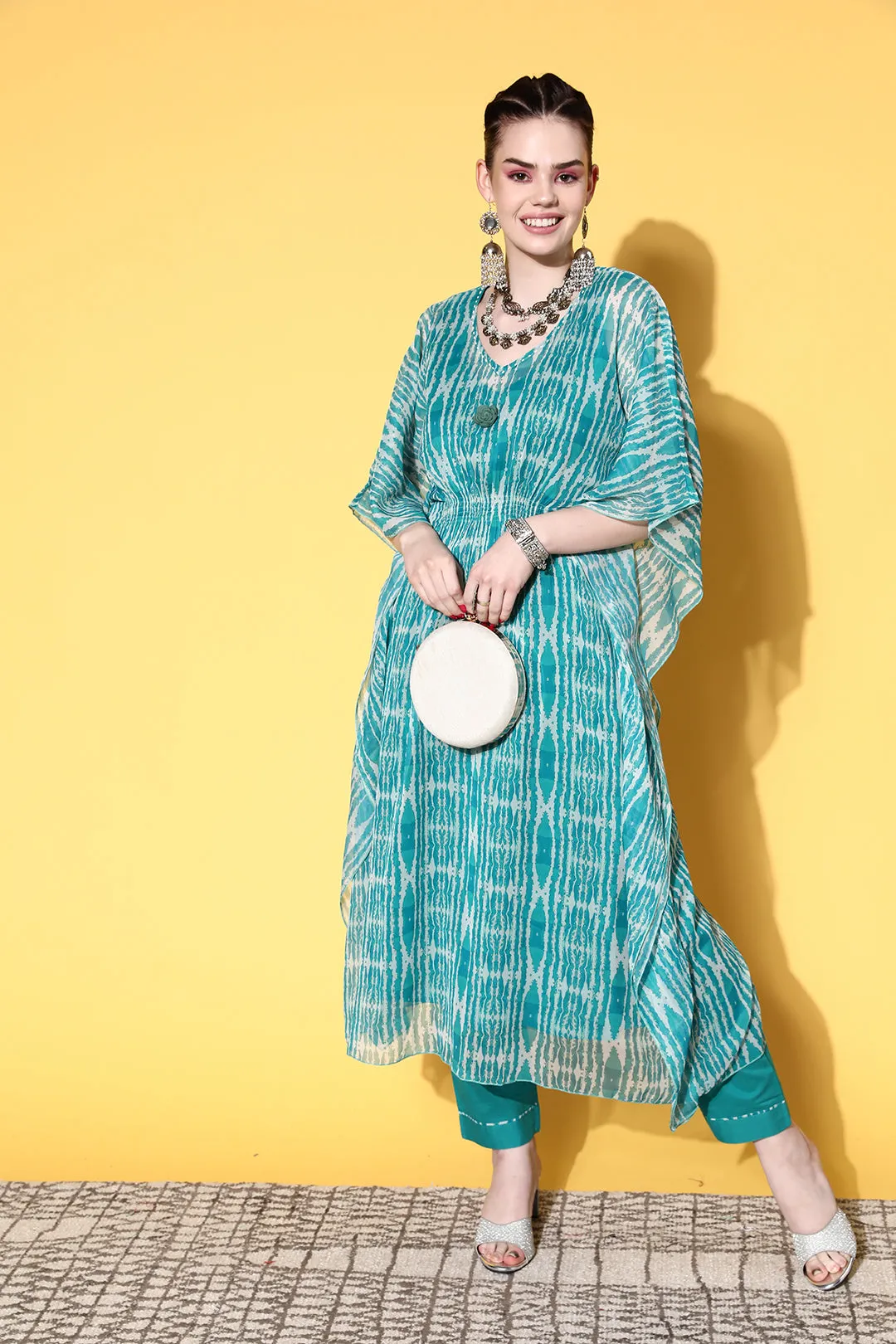 V-Neck Georgette Abstract Print Rama Green Fit & Flare Kaftan Set with Pants For Women - ZOLA