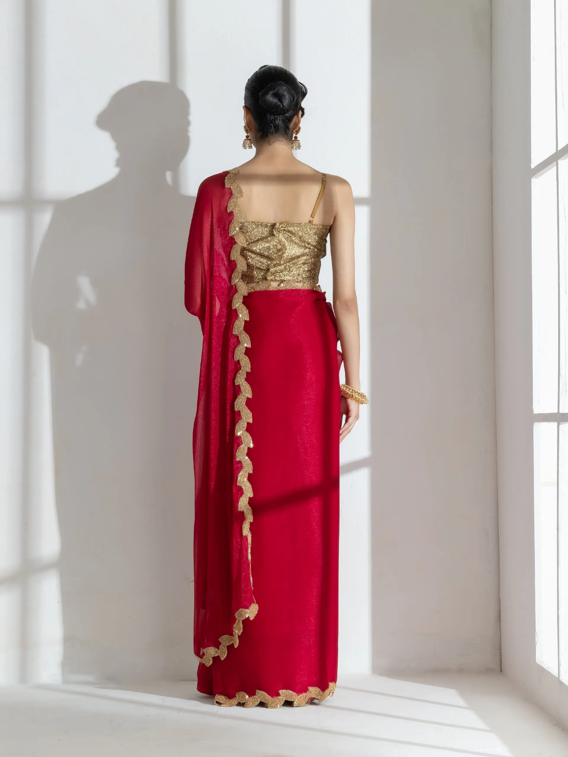 Vermilion Red Shimmer Chiffon Saree with Leaf Beaded Lace and Self Blouse Fabric