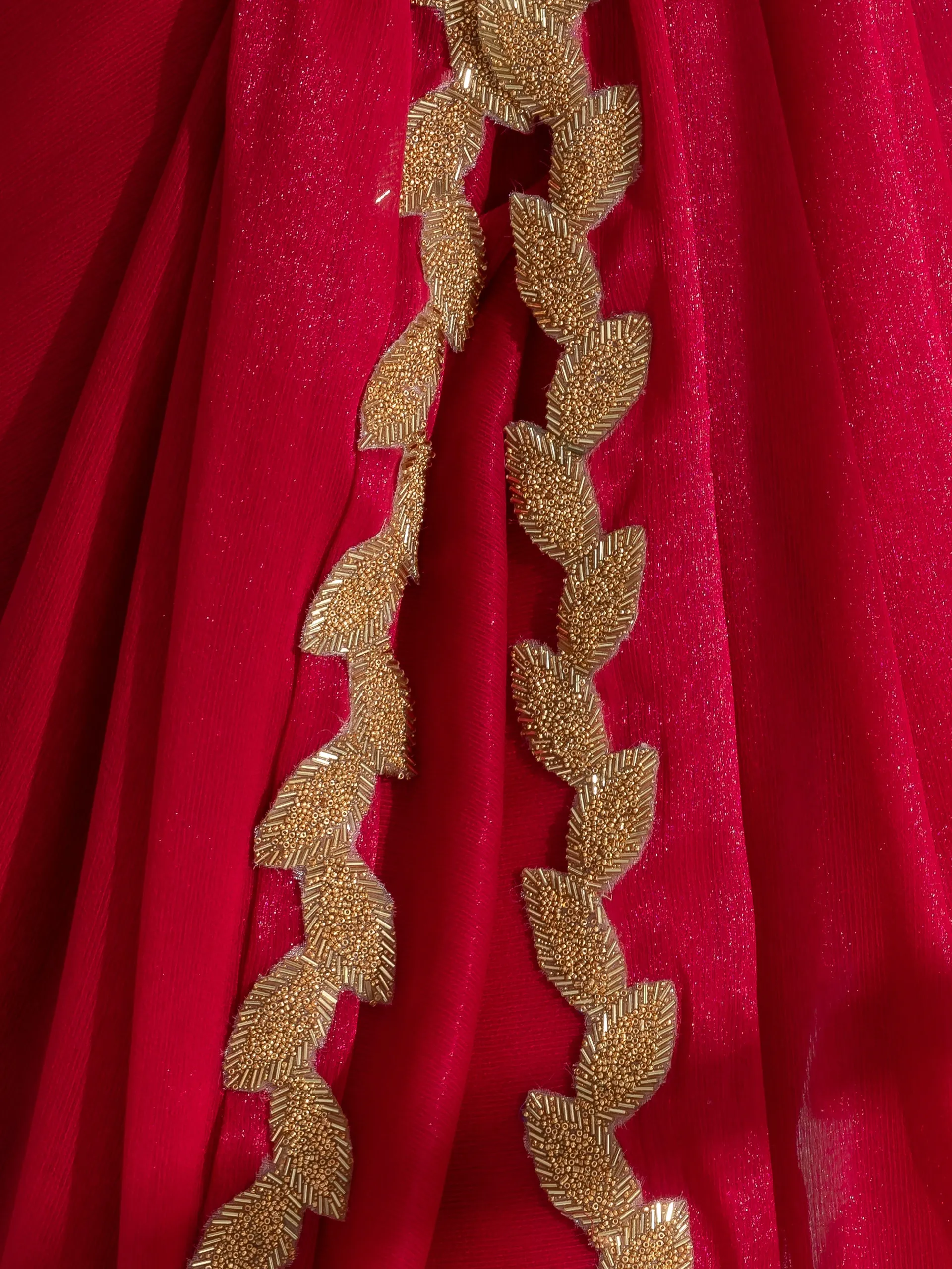 Vermilion Red Shimmer Chiffon Saree with Leaf Beaded Lace and Self Blouse Fabric
