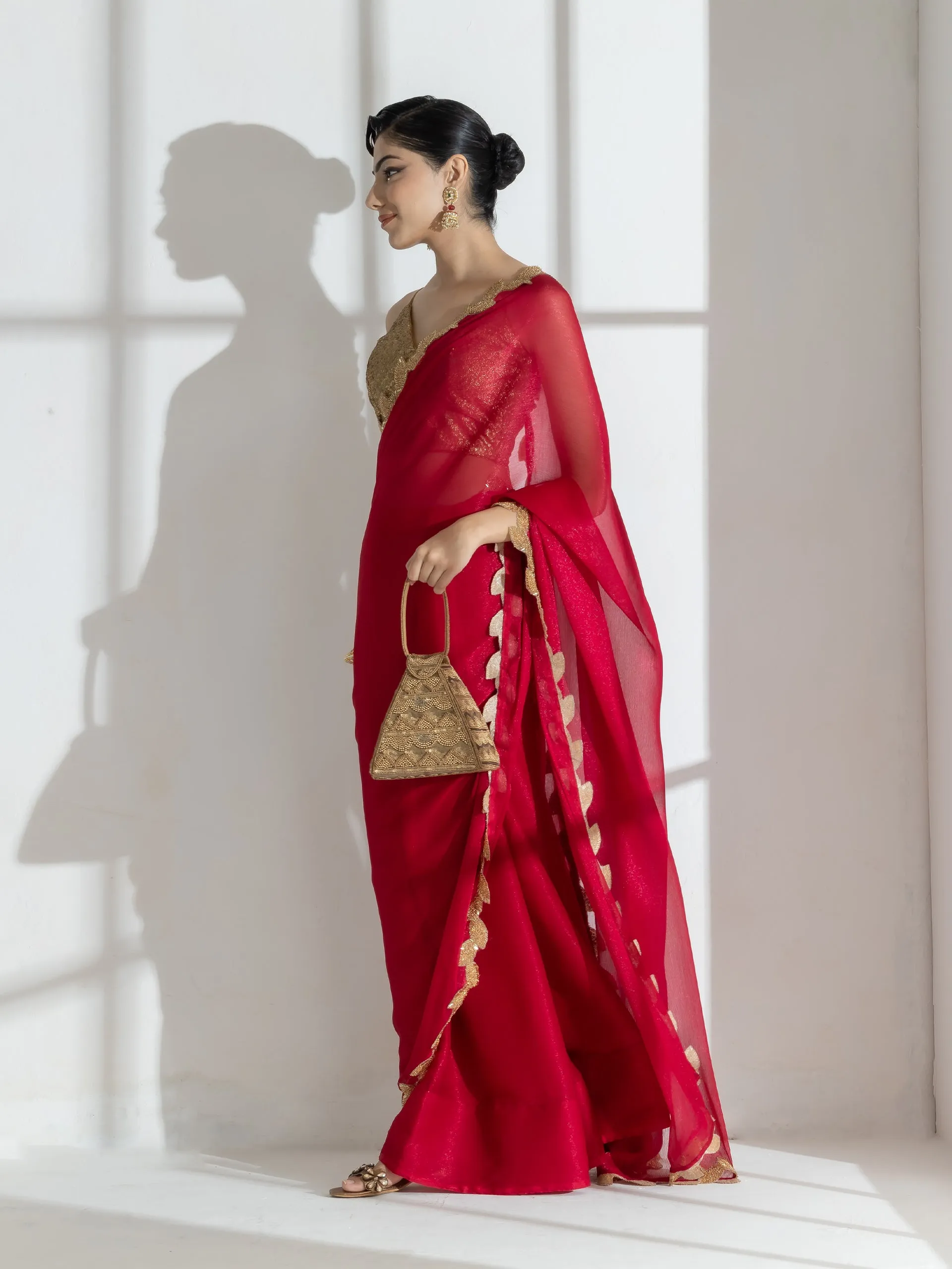 Vermilion Red Shimmer Chiffon Saree with Leaf Beaded Lace and Self Blouse Fabric