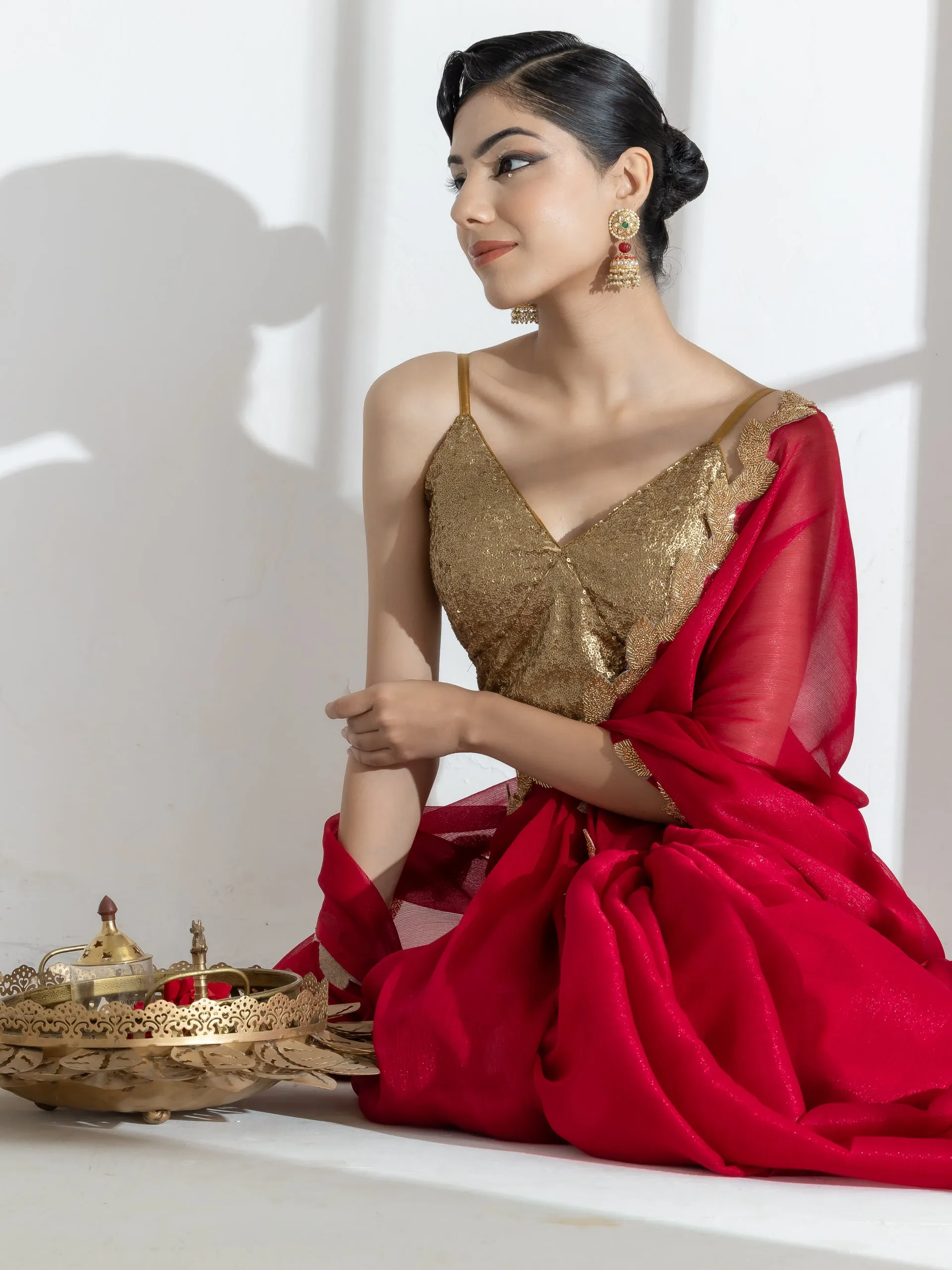 Vermilion Red Shimmer Chiffon Saree with Leaf Beaded Lace and Self Blouse Fabric