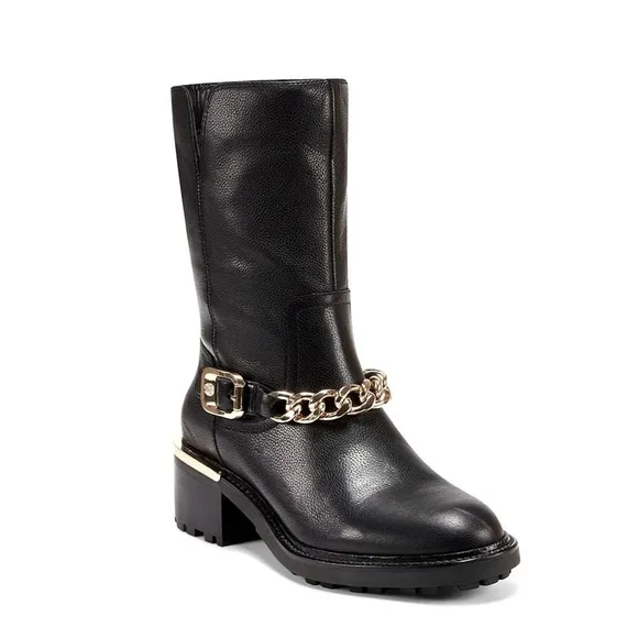 Vince Camuto Keshilka Booties Black Women’s Size 6 Leather Gold Chain Biker