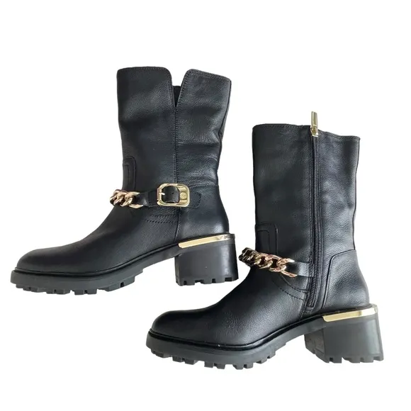 Vince Camuto Keshilka Booties Black Women’s Size 6 Leather Gold Chain Biker