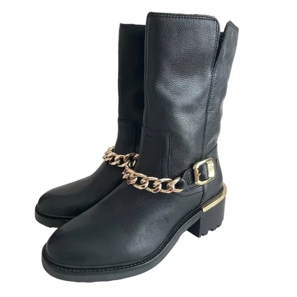 Vince Camuto Keshilka Booties Black Women’s Size 6 Leather Gold Chain Biker