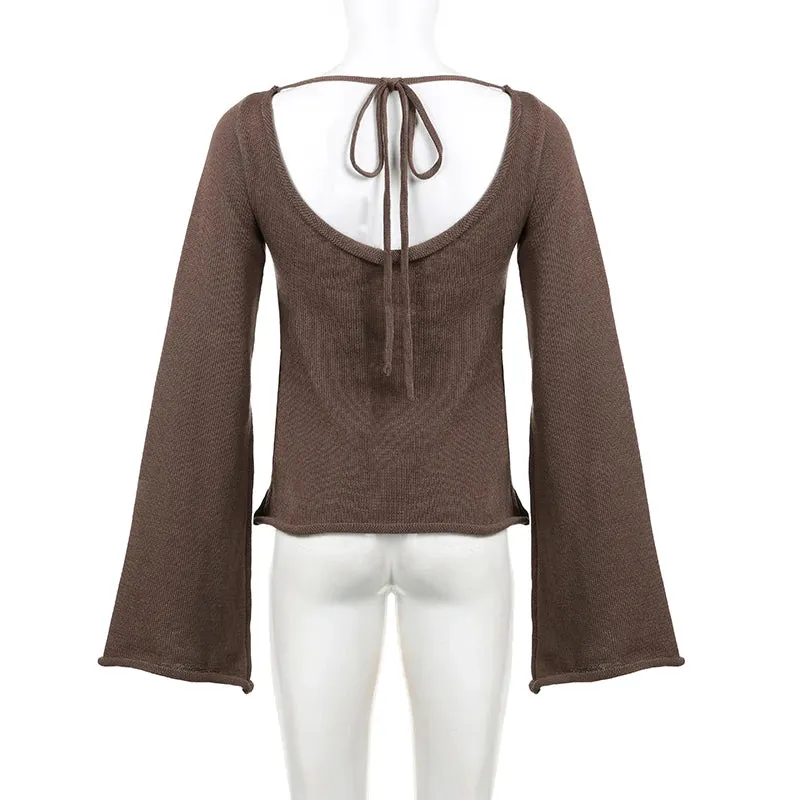 Vintage Flare Sleeve Knitted Backless Tie Up Back Sweater for Women Loose Y2K Aesthetic Pullover Sweater